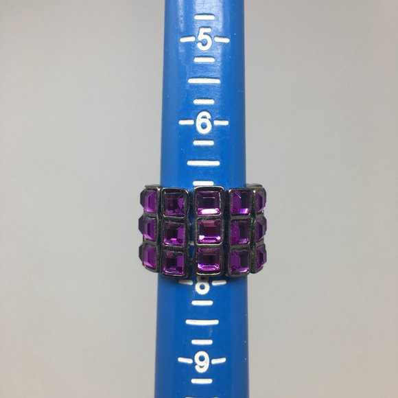 Expandable Purple Faceted Acrylic Tiny Square Pewter Tone Bar Wide Stretch Ring - Picture 13 of 16
